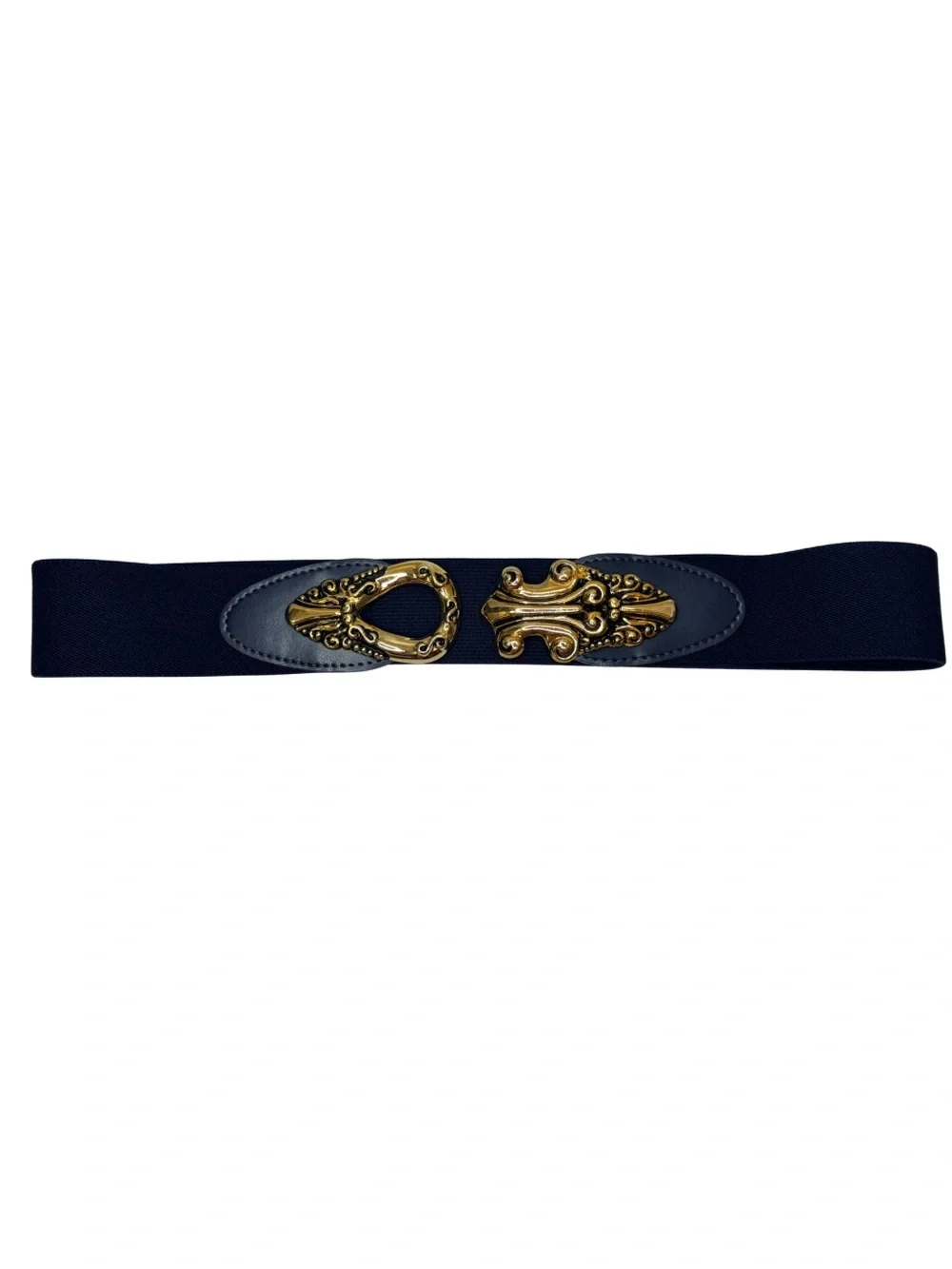 Vintage Day-Lor USA Navy Stretch Belt Ornate Gold Tone Statement Buckle